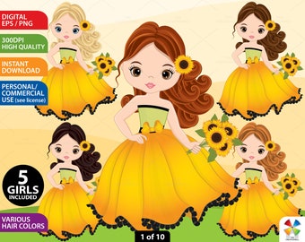 Sunflowers Clipart - Vector Sunflowers Clipart, Girls Clipart, Sunflowers Girl Clipart, Kids Clipart, Autumn Girls, Sunflower Girls Clip Art