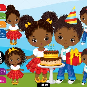 Alles Gute zum Geburtstag Clipart - Vektor Party Clipart, Mädchen Clipart, Junge Clipart, Geburtstag Clipart, afroamerikanische Kind Clipart, schwarzes Kind Clip Art