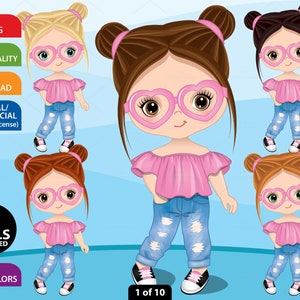 Cute Girl Clipart, Vector Little Girl, Denim, Character, Jeans, Doll, Child, Illustration, Toddler PNG, Caucasian, Outfit, Cool Kid Clip Art