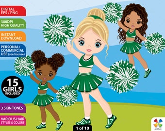 Cheerleader Clipart, Vector Cheer Girls, PNG Sport Girl, Cute Doll, Bundle, Green, Mix Race, Caucasian, Latino, African American Clip Art