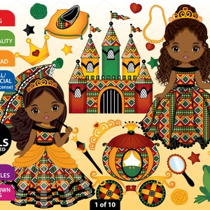 Kente Princess Clipart, Vector Princess, Fairy Tale, Afroamericano, Afro Girl PNG, Cute Black Princess, African Print, Ankara Clip Art