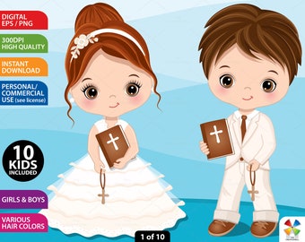 First Communion Clipart - Vector Communion Clipart, Cute Girl Clipart, Little Boy Clipart, Boy Girl Religious Clipart, Kid Christian Clipart