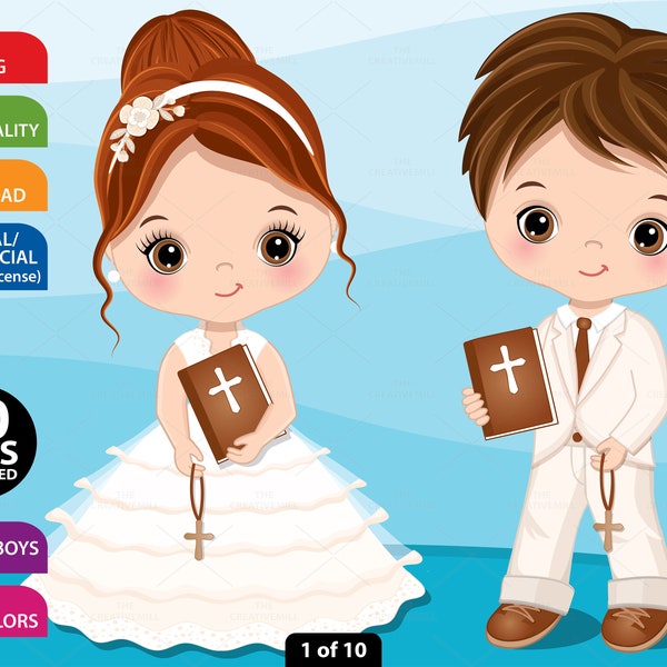 First Communion Clipart - Vector Communion Clipart, Cute Girl Clipart, Little Boy Clipart, Boy Girl Religious Clipart, Kid Christian Clipart