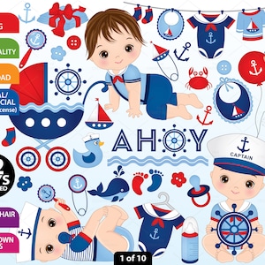 Clipart Nautique Bébé Garçon - Clipart Nautique Vectoriel, Clipart Bébé, Clipart Nouveau-Né, Clipart Bébé Nautique, ClipArt Bébé Bébé Nautique
