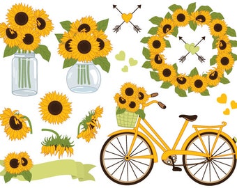 Sunflowers Clipart - Digital Vector Sunflowers Clipart, Mason Jar Clipart, Sunflower Wreath, Bicycle, Sunflower Clip Art