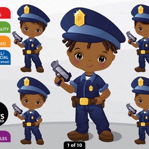 Police Officer Clipart, Vector Police Boy, Character, Policeman, Child, Boy Cop PNG, Afro Boy, African American, Little Policeman Clip Art