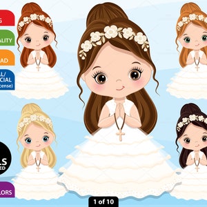 First Communion Clipart - Vector Communion Clipart, Cute Girl Clipart, Little Girl Clipart, Religious Clipart, Girl Christian Clipart