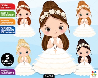 First Communion Clipart - Vector Communion Clipart, Cute Girl Clipart, Little Girl Clipart, Religious Clipart, Girl Christian Clipart