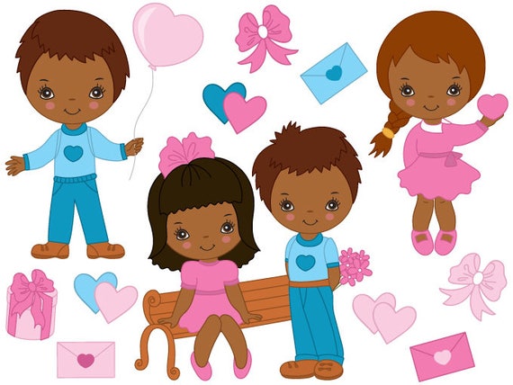 African American Valentines Day Kids Clipart Digital Vector | Etsy