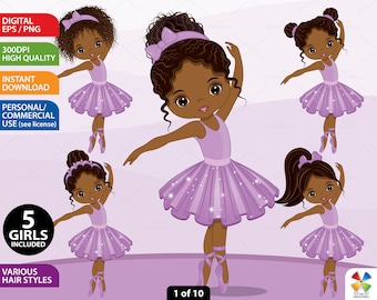 Purple Ballerina Clipart, Vector Ballerina, Ballet, Afro Puffs, Purple Tutu, PNG, African American Girl, Princess, Black Ballerina Clip Art