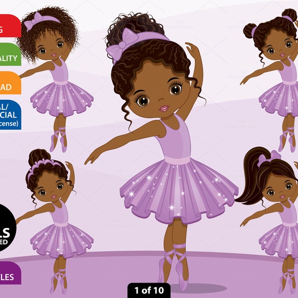 Purple Ballerina Clipart, Vector Ballerina, Ballet, Afro Puffs, Purple Tutu, PNG, African American Girl, Princess, Black Ballerina Clip Art