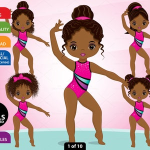 Gymnastics Clipart, Vector Gymnast, Cute Girl, Sport Kid, Character, Gymnastics PNG, Activity, African American, Leotard PNG, Child Clip Art