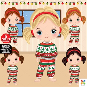 Noël fille Clipart, vecteur petite fille, poupée, personnage mignon, hiver, enfant, enfant en bas âge PNG, Illustration, tricot, pyjama de Noël, Kid Clip Art