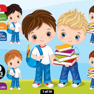Back to School Boy Clipart - Vector School Clipart, Kid Clipart, Boy Clipart, Study Clipart, Student Clipart, Pupil Clipart, School Clip Art