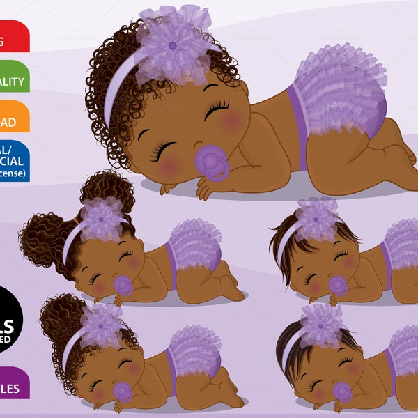 Black Baby Girl Clipart - Vektor Neugeborenen Clipart, Lila Baby Clipart, Baby Shower Clipart, Afro Amerikanisch, Afro Puffs Mädchen Clipart