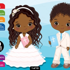 Clipart de Primera Comunión, Clipart de la Biblia Vectorial, Comunión de Niña, Azul Rosa, Clipart Religioso, PNG, Sublimación, Afro, Black Kid Clip Art