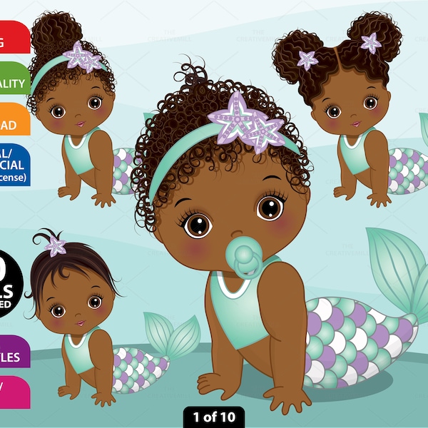 Black Baby Mermaid Clipart, Vector Newborn, Cartoon Baby Girl, Baby Shower, Cute African American, Purple, Teal, Afro Baby Girl Clip Art