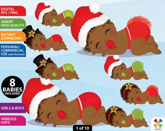 Christmas Baby Clipart, Vector Newborn, Afro Baby Shower, African American, Xmas, Santa Hat, Girl, Boy, PNG, Black Sleeping Baby Clip Art