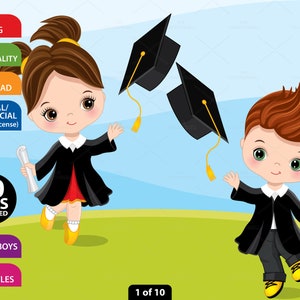 Graduation Kids Clipart - Vector Preschool Clipart, Student Clipart, Diploma, Girl and Boy in Graduation Gown & Caps, PNG School Clip Art