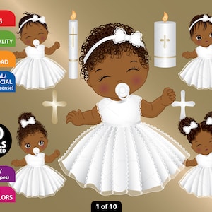 Baptism Baby Clipart, Vector Newborn, Christening, African American, Toddler PNG, White Dress Baby, Lace, Afro Baby Girl, Religious Clip Art