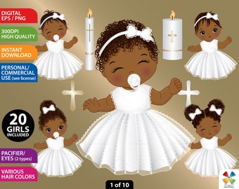 Baptism Baby Clipart, Vector Newborn, Christening, African American, Toddler PNG, White Dress Baby, Lace, Afro Baby Girl, Religious Clip Art
