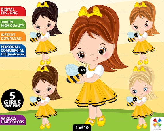 Cute Little Bee Girls Clip Art Set 