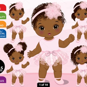 Cute Baby Girl Clipart, Vector Princess, Black Little Girl, Afro Baby, One Year Old, Toddler PNG, Baby Pink Tutu, African American Clip Art