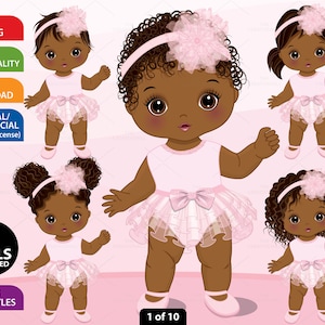 Cute Baby Girl Clipart, Vector Princess, Black Little Girl, Afro Baby, One Year Old, Toddler PNG, Baby Pink Tutu, African American Clip Art