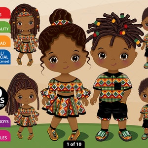 Kente Bambini Clipart, Vettoriale Bambini, Stampa africana, Carattere, Treccia, Ragazza e ragazzo, Bambino nero, Bambino PNG, Afro, Ankara Fashion Clip Art