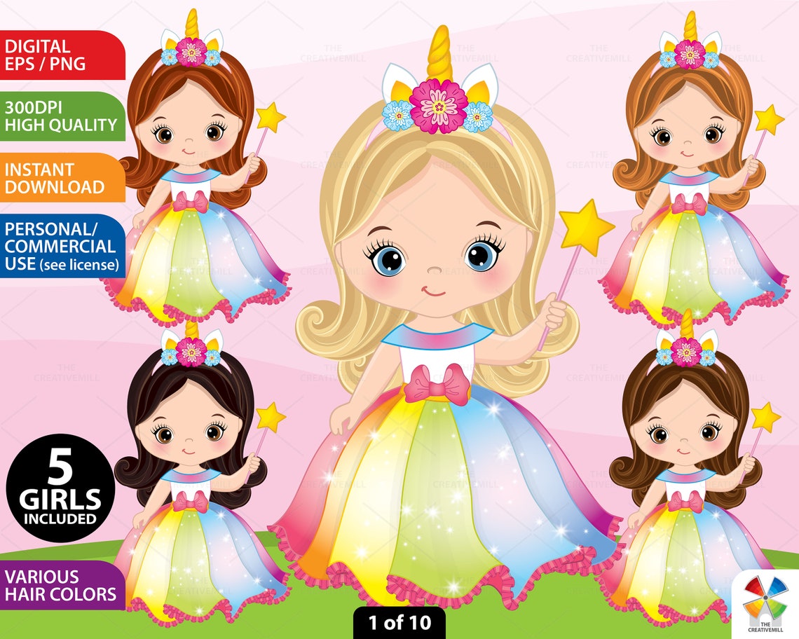 Unicorn Girl Clipart Vector Little Girl Clipart Princess Etsy