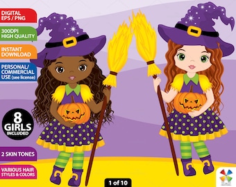 Halloween Witch Clipart - Halloween Clipart, Witch Clipart, Vector Halloween Clipart, Halloween Girls Clipart, Cute Witch Clipart