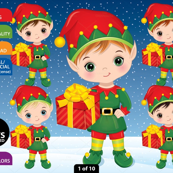 Christmas Elf Clipart, Vector Xmas Elf, Santa Helper, Elves PNG, Cute Character, Little Boy, Noel, Illustration, Holiday, Kid Clip Art