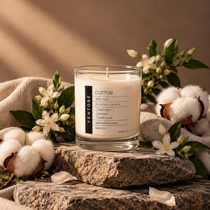 May include: A clear glass jar candle with a white label reading VENTORE, COTTON, 160 g / 5.6 oz, Scented candle, fresh linen, jasmine, white musk, Handcrafted in Oxford, Batch 001. The candle features a single wick and white wax.