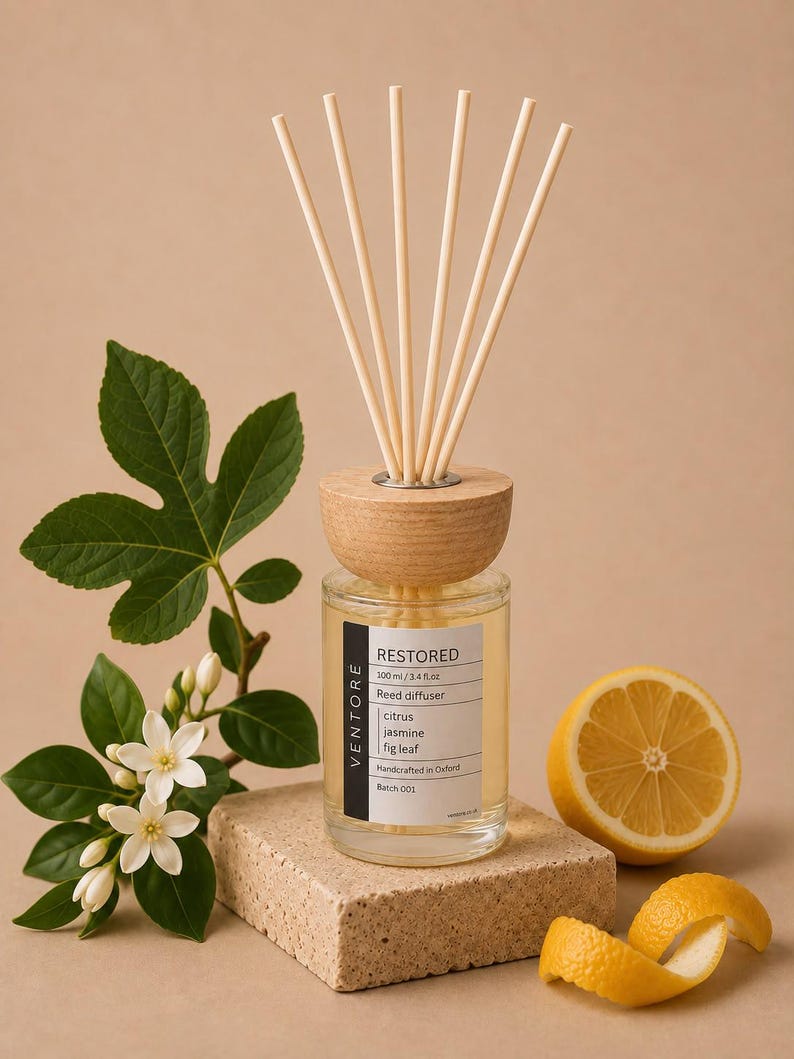 RESTORED Reed Diffuser 100ml - Citrus & Fig Leaf - Alcohol Free Hand Poured Home Fragrance, Jasmine White Musk, 8-12 Weeks image 1