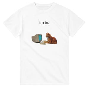 May include: A white short-sleeved t-shirt featuring a graphic of an orange tabby cat sitting at a vintage beige computer with a blue screen. Above the cat and computer, the text "im in." is printed in a simple black sans-serif font.