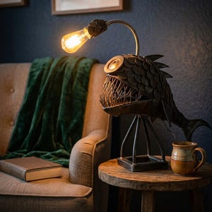 Może przedstawiać: Metalowa lampa w kształcie żabnicy o ciemnoszarym wykończeniu, z elastycznym ramieniem wychodzącym z głowy, podtrzymującym świecącą żarówkę w stylu Edisona. Korpus ryby wykonany jest z nakładających się metalowych łusek i ostrych zębów, wsparty na czteronożnym metalowym stojaku.