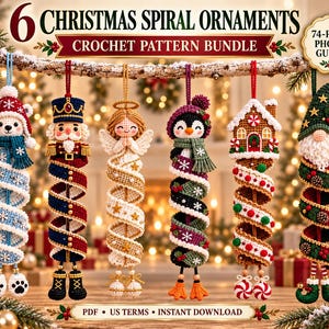 Könnte beinhalten: Ein Häkelanleitungs-Set für 6 spiralförmige Weihnachtsanhänger, darunter ein Eisbär, Nussknacker, Engel, Pinguin, Lebkuchenhaus und Wichtel. Der Text lautet 6 CHRISTMAS SPIRAL ORNAMENTS CROCHET PATTERN BUNDLE, 74-PAGE PHOTO GUIDE und PDF US TERMS INSTANT DOWNLOAD.