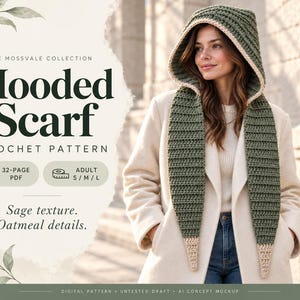 May include: A crochet hooded scarf pattern from The Mossvale Collection. The text reads: Hooded Scarf, Crochet Pattern, 32-page PDF, Adult S/M/L, Sage texture, Oatmeal details. The scarf is sage green with oatmeal-colored trim and pointed ends.