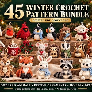 May include: A collection of 45 winter crochet patterns featuring various animals and festive ornaments. The text reads 45 WINTER CROCHET PATTERN BUNDLE DIGITAL PDF DOWNLOAD. Includes figures like an owl, fox, deer, and mushroom.
