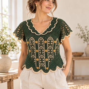 May include: A dark green crochet top featuring a V-neckline with a scalloped cream-colored trim, short flared sleeves, and a vertical pattern of arched columns accented with small yellow floral motifs and a scalloped hemline in cream.