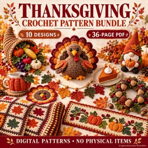 Op de afbeelding: Een Thanksgiving haakpatronenbundel met 10 ontwerpen in een PDF van 36 pagina's. De collectie bevat een hoorn des overvloeds, kalkoen, kabouter, pompoen mokwarmer, stukje taart, bladerenslinger, eikelkrans en herfstachtige dekens en lopers.