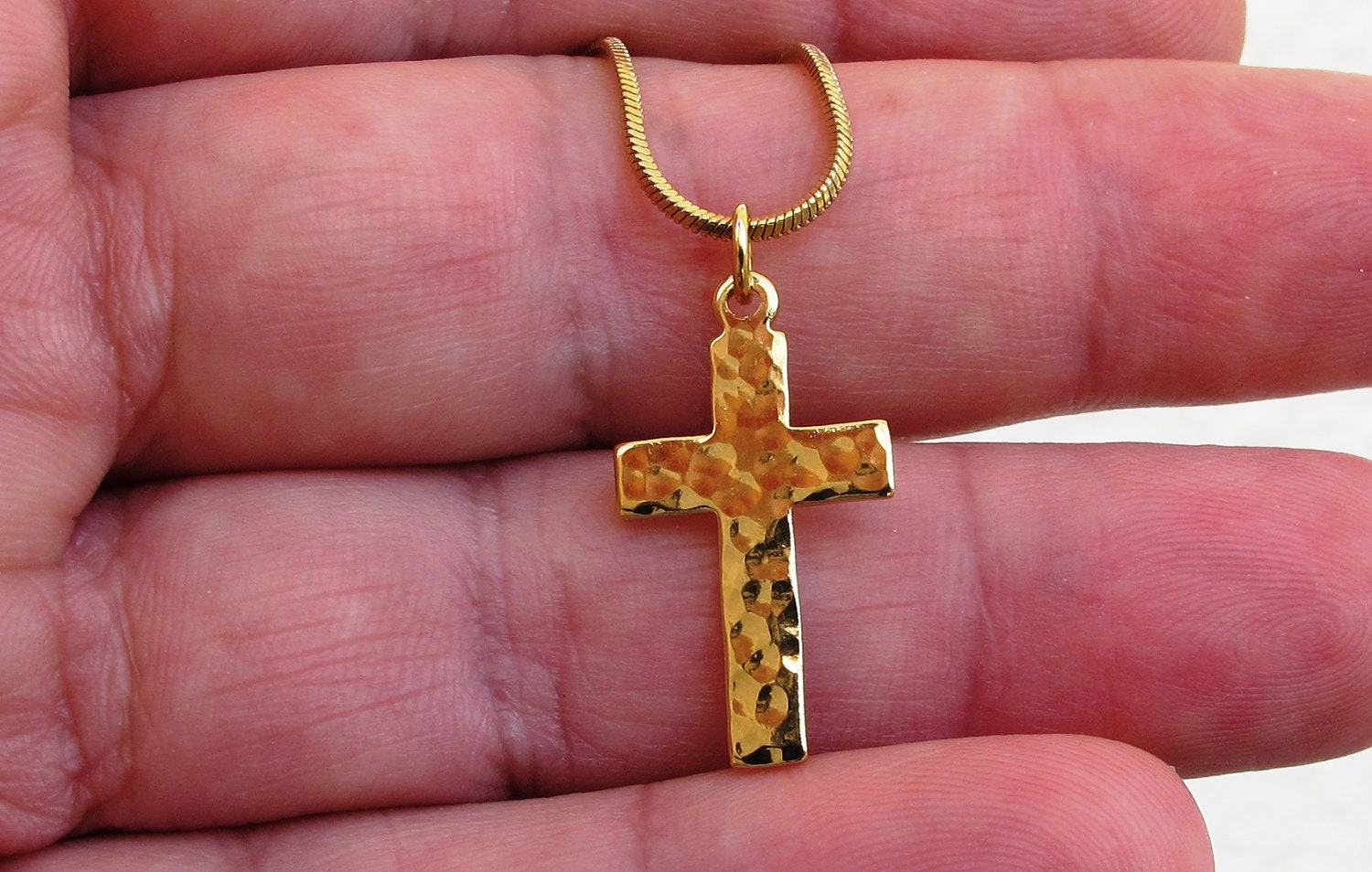 Gold Cross Necklace Hammered High Quality