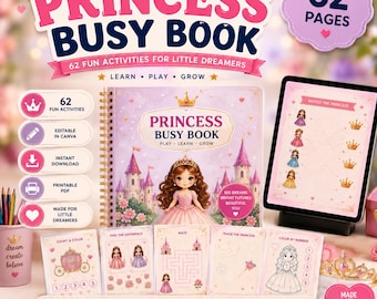 May include: A Princess Busy Book activity set featuring 62 pages of fun activities for little dreamers. The set includes a spiral-bound book with a princess illustration, a tablet displaying a matching game, and various printable activity cards.