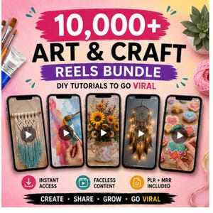 Puede incluir: Un gráfico de marketing digital para un paquete de más de 10,000 Reels de arte y manualidades con cinco pantallas de teléfonos inteligentes que muestran varios tutoriales de bricolaje, como macramé, pintura, arreglos florales, atrapasueños y galletas.