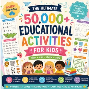 Può includere: Una copertina di un libro di attività educative intitolato The Ultimate 50,000+ Educational Activities For Kids. Presenta illustrazioni colorate di bambini, animali, problemi di matematica, tracce, forme e puzzle su uno sfondo color crema.