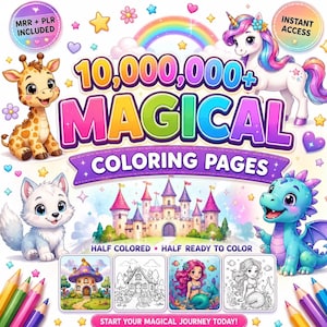 Puede incluir: Una colección digital de más de 10.000.000 de páginas para colorear mágicas con una jirafa, un unicornio, un lobo y un dragón. El gráfico incluye un castillo, cuatro imágenes de muestra y el texto MRR + PLR INCLUDED e INSTANT ACCESS.
