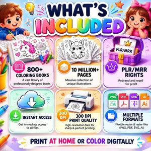 May include: A digital product advertisement titled WHAT'S INCLUDED featuring cartoon children, 800+ coloring books, 10 million+ pages, PLR/MRR rights, instant access, 300 DPI print quality, and multiple file formats like PNG, PDF, SVG, and AI.