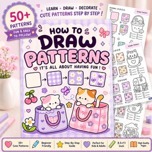 Puede incluir: Un libro de instrucciones de tapa blanda titulado How to Draw Patterns con una cubierta a cuadros morados y blancos que presenta ilustraciones de dos gatos en bolsas, cerezas y flores. El libro incluye 50+ patrones y guías paso a paso.