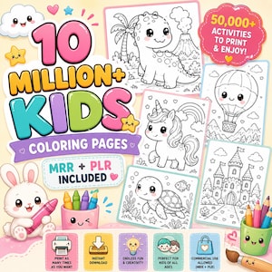 Puede incluir: Una colección digital de más de 10 millones de páginas para colorear para niños con ilustraciones en blanco y negro de un dinosaurio, unicornio, globo aerostático, tortuga y castillo. Incluye texto como MRR + PLR INCLUDED y 50,000+ ACTIVITIES.