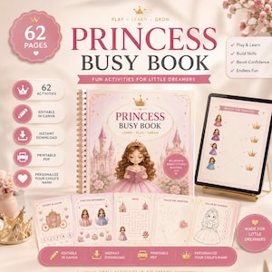Princess Learning Binder | 62 Fun Preschool Activities | Printable Busy Book | Editable in Canva. Activity for summer